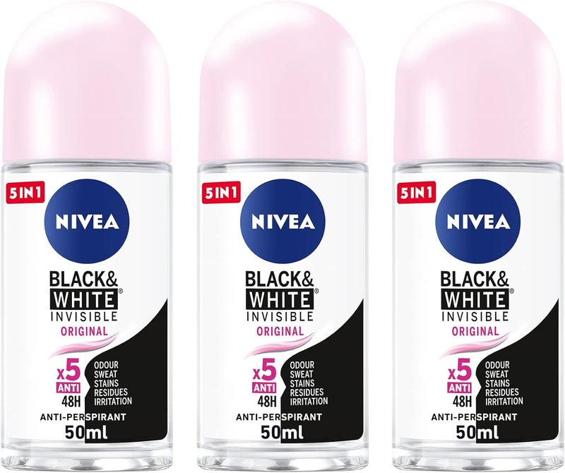 NIVEA Antiperspirant Roll-on for Women, Black & White Invisible Protection Original, 3x50ml - Image 1